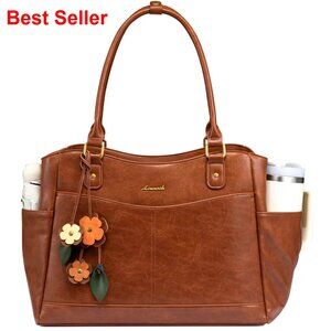 Leather Laptop Tote Bag with Large Cup Holder, Work Office Teacher Bag